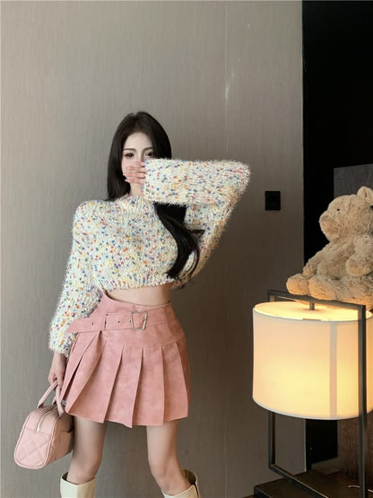 Mock Neck Dotted Cropped Sweater / High Rise Washed Pleated Mini A-Line Skirt