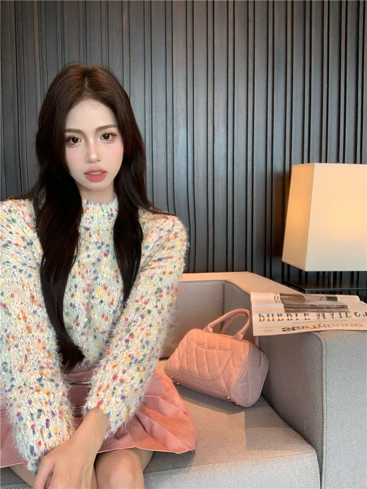 Mock Neck Dotted Cropped Sweater / High Rise Washed Pleated Mini A-Line Skirt