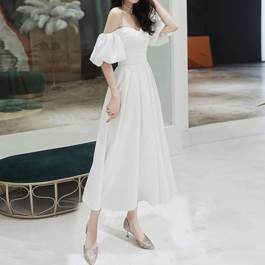 Puff-Sleeve Off-Shoulder Plain A-Line Wedding Gown / Midi Dress