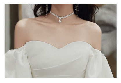 Puff-Sleeve Off-Shoulder Plain A-Line Wedding Gown / Midi Dress