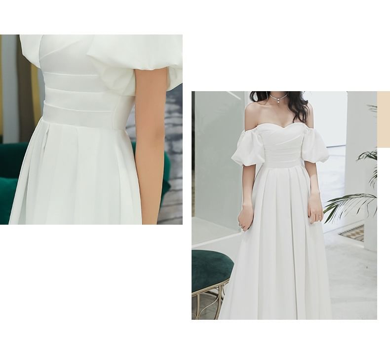 Puff-Sleeve Off-Shoulder Plain A-Line Wedding Gown / Midi Dress