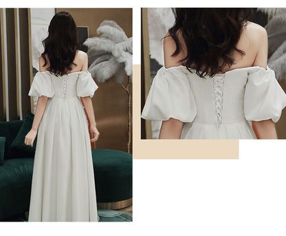 Puff-Sleeve Off-Shoulder Plain A-Line Wedding Gown / Midi Dress