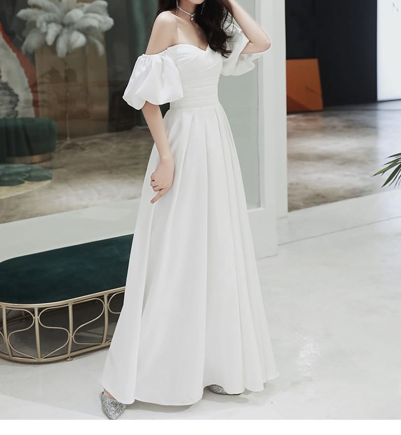 Puff-Sleeve Off-Shoulder Plain A-Line Wedding Gown / Midi Dress
