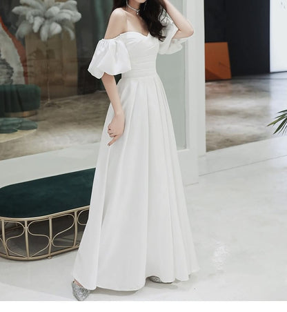 Puff-Sleeve Off-Shoulder Plain A-Line Wedding Gown / Midi Dress