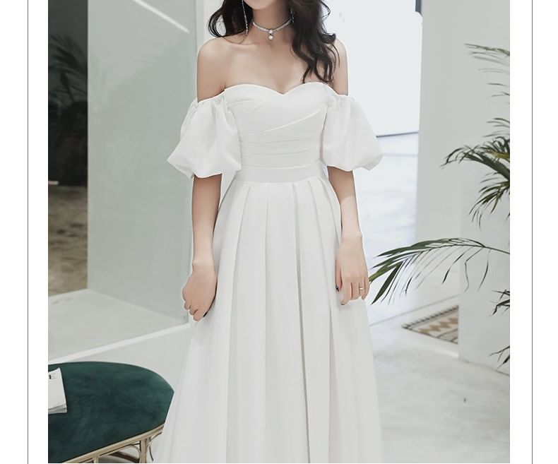 Puff-Sleeve Off-Shoulder Plain A-Line Wedding Gown / Midi Dress