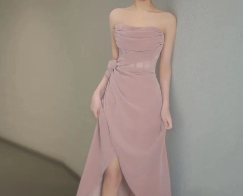 Strapless Flower Accent Slit Corset Sheath Evening Gown