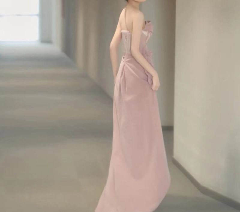 Strapless Flower Accent Slit Corset Sheath Evening Gown