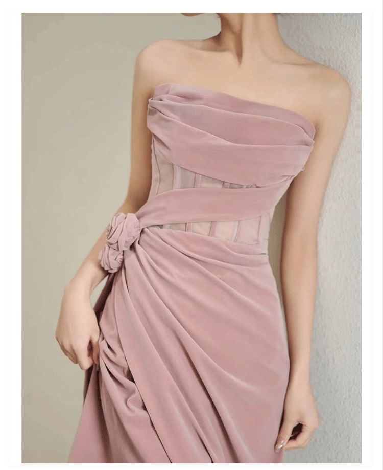 Strapless Flower Accent Slit Corset Sheath Evening Gown