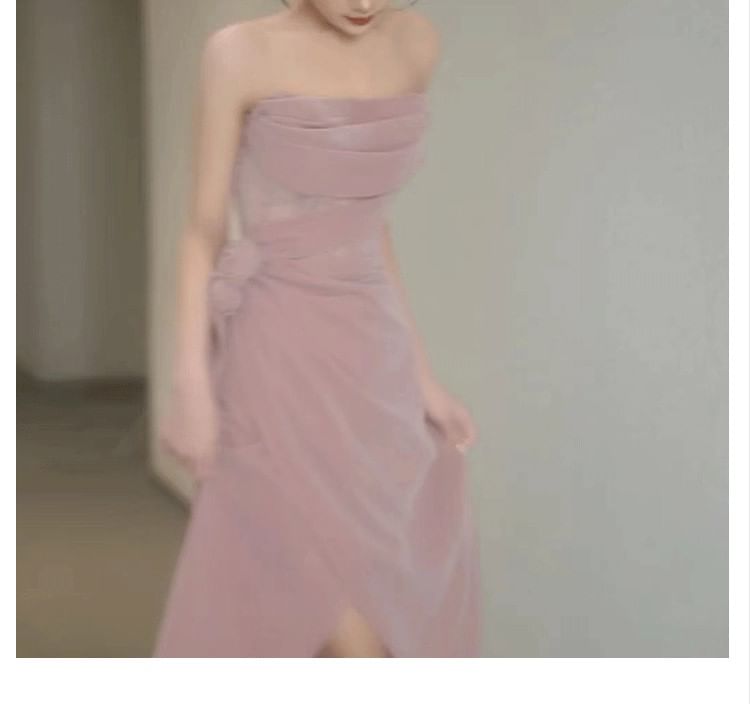 Strapless Flower Accent Slit Corset Sheath Evening Gown