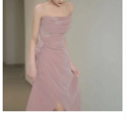 Strapless Flower Accent Slit Corset Sheath Evening Gown