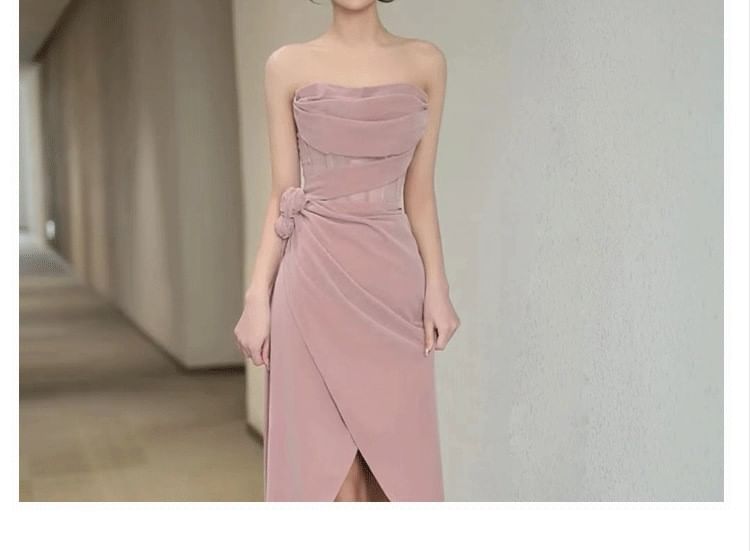 Strapless Flower Accent Slit Corset Sheath Evening Gown