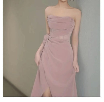Strapless Flower Accent Slit Corset Sheath Evening Gown