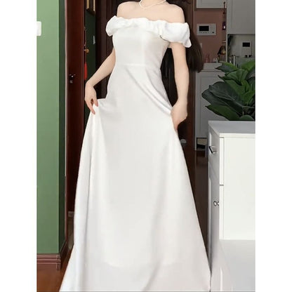 Cap-Sleeve Off-Shoulder Plain A-Line Wedding Gown