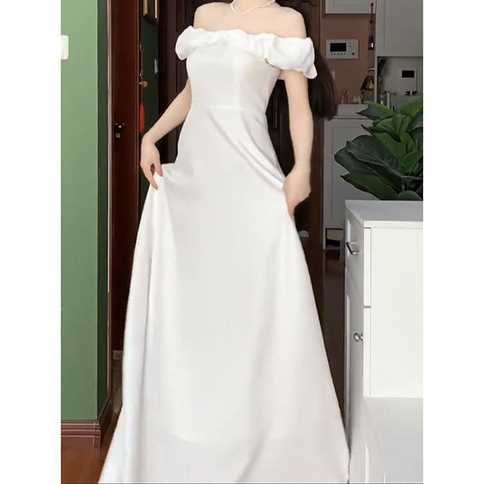 Cap-Sleeve Off-Shoulder Plain A-Line Wedding Gown