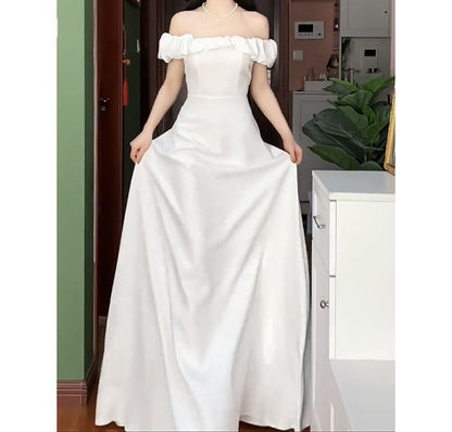 Cap-Sleeve Off-Shoulder Plain A-Line Wedding Gown