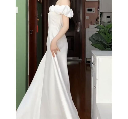 Cap-Sleeve Off-Shoulder Plain A-Line Wedding Gown