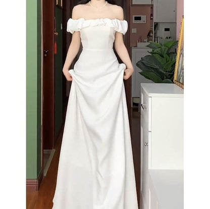 Cap-Sleeve Off-Shoulder Plain A-Line Wedding Gown