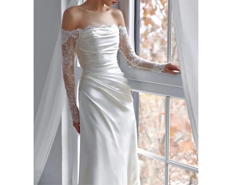 Long-Sleeve Off-Shoulder Lace Panel A-Line Wedding Gown