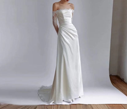 Long-Sleeve Off-Shoulder Lace Panel A-Line Wedding Gown