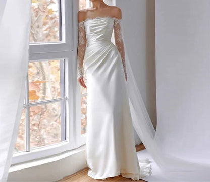 Long-Sleeve Off-Shoulder Lace Panel A-Line Wedding Gown