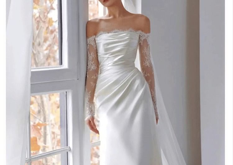 Long-Sleeve Off-Shoulder Lace Panel A-Line Wedding Gown