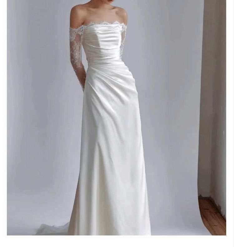 Long-Sleeve Off-Shoulder Lace Panel A-Line Wedding Gown