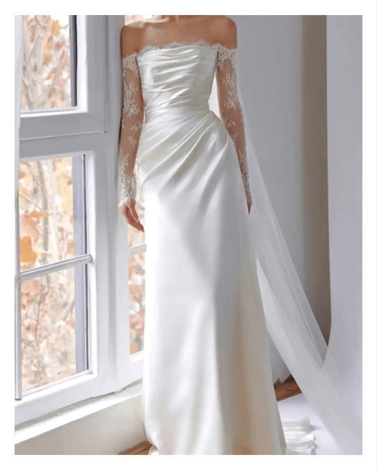 Long-Sleeve Off-Shoulder Lace Panel A-Line Wedding Gown