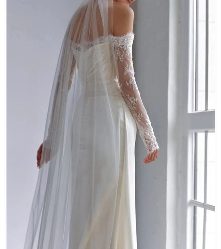 Long-Sleeve Off-Shoulder Lace Panel A-Line Wedding Gown