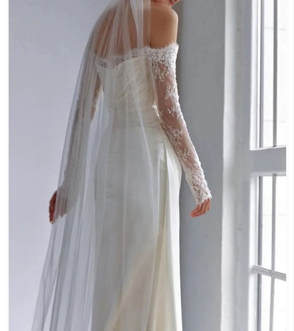 Long-Sleeve Off-Shoulder Lace Panel A-Line Wedding Gown