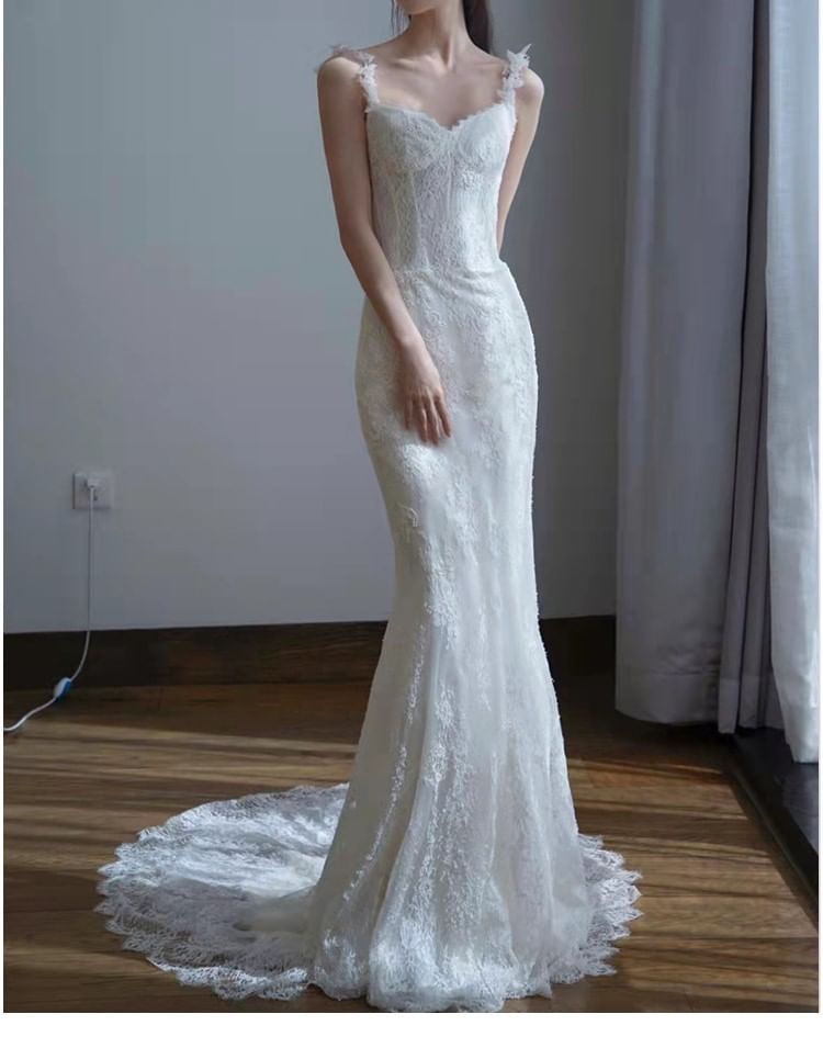 Spaghetti Strap Lace Corset Mermaid Wedding Gown
