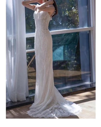 Spaghetti Strap Lace Corset Mermaid Wedding Gown
