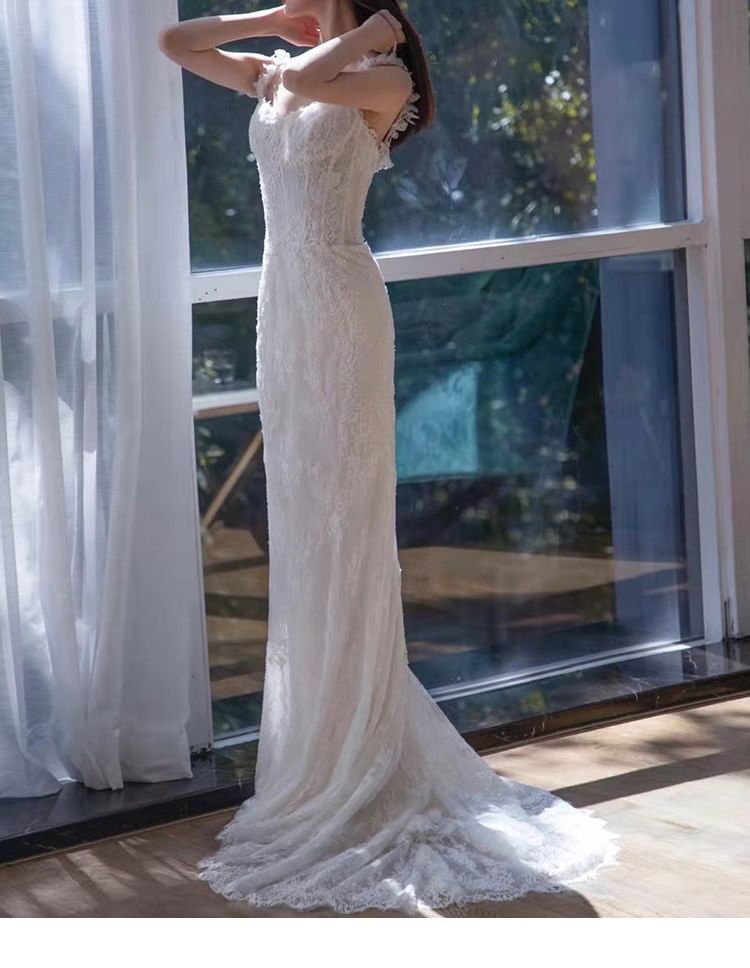 Spaghetti Strap Lace Corset Mermaid Wedding Gown
