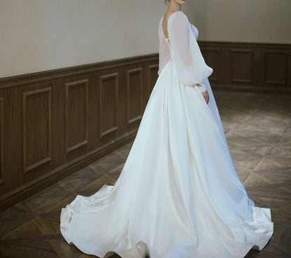 Long-Sleeve Plain A-Line Wedding Gown