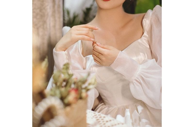 Long-Sleeve Plain A-Line Wedding Gown