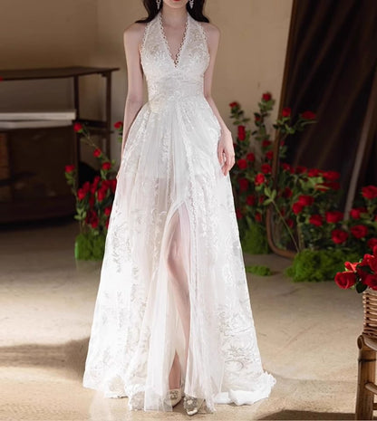 Halter Open Back Lace A-Line Wedding Gown