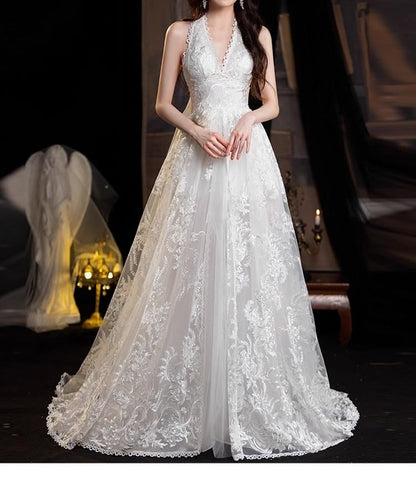 Halter Open Back Lace A-Line Wedding Gown