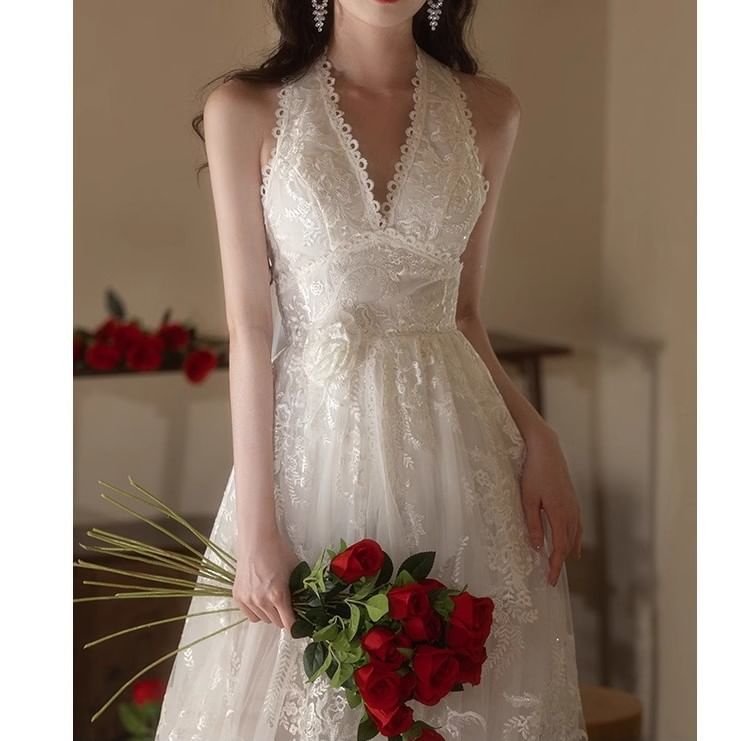 Halter Open Back Lace A-Line Wedding Gown