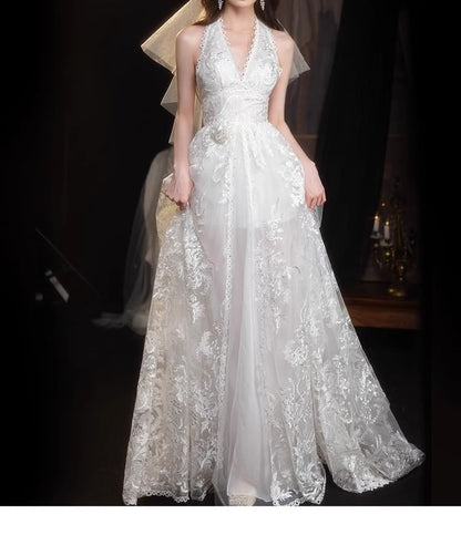 Halter Open Back Lace A-Line Wedding Gown