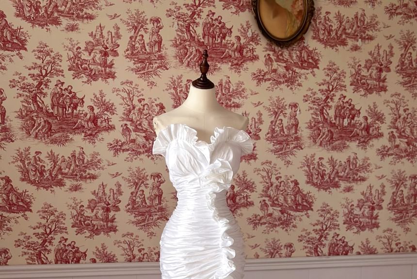 Strapless Plain Tiered Ruffle Trim Mermaid Wedding Dress