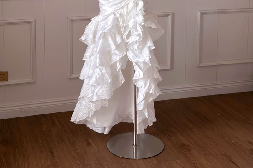 Strapless Plain Tiered Ruffle Trim Mermaid Wedding Dress