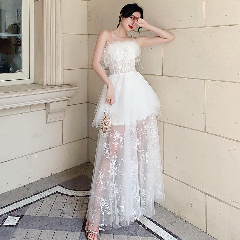 Strapless Fluffy Trim Mesh Maxi Corset A-Line Wedding Dress