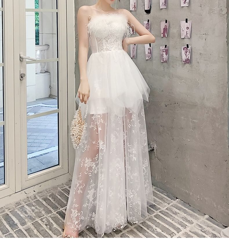Strapless Fluffy Trim Mesh Maxi Corset A-Line Wedding Dress