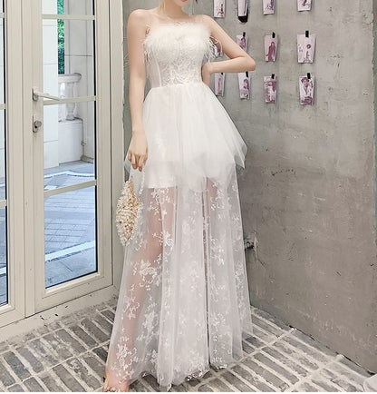 Strapless Fluffy Trim Mesh Maxi Corset A-Line Wedding Dress