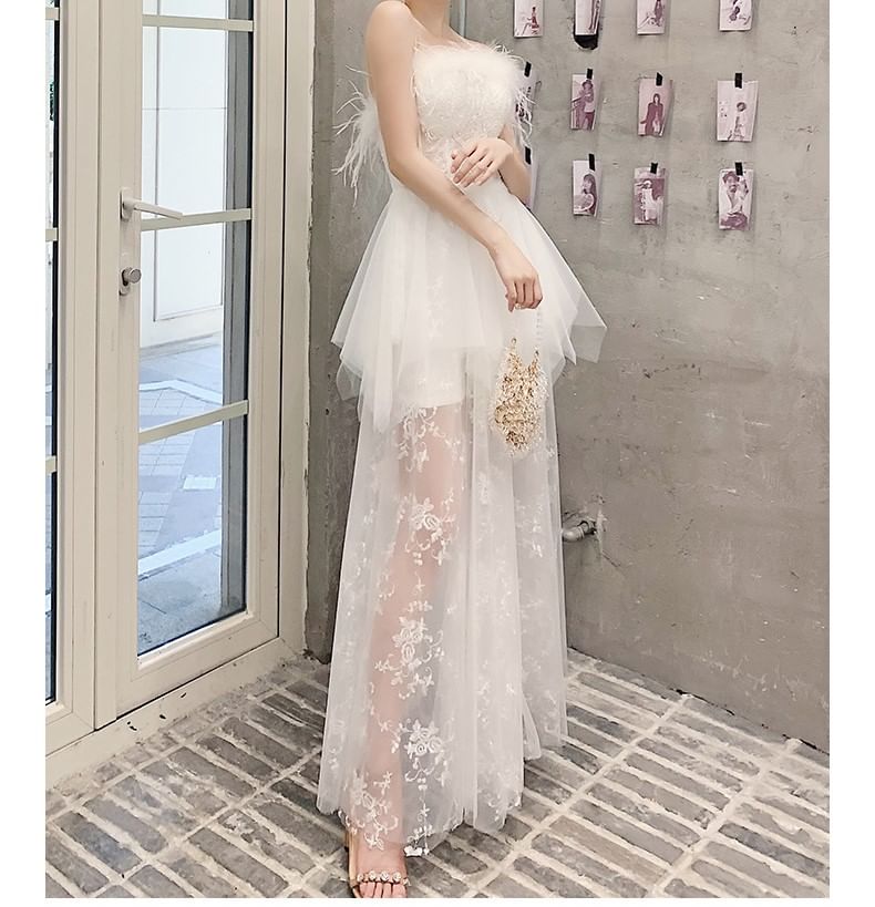 Strapless Fluffy Trim Mesh Maxi Corset A-Line Wedding Dress