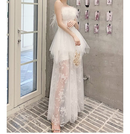 Strapless Fluffy Trim Mesh Maxi Corset A-Line Wedding Dress