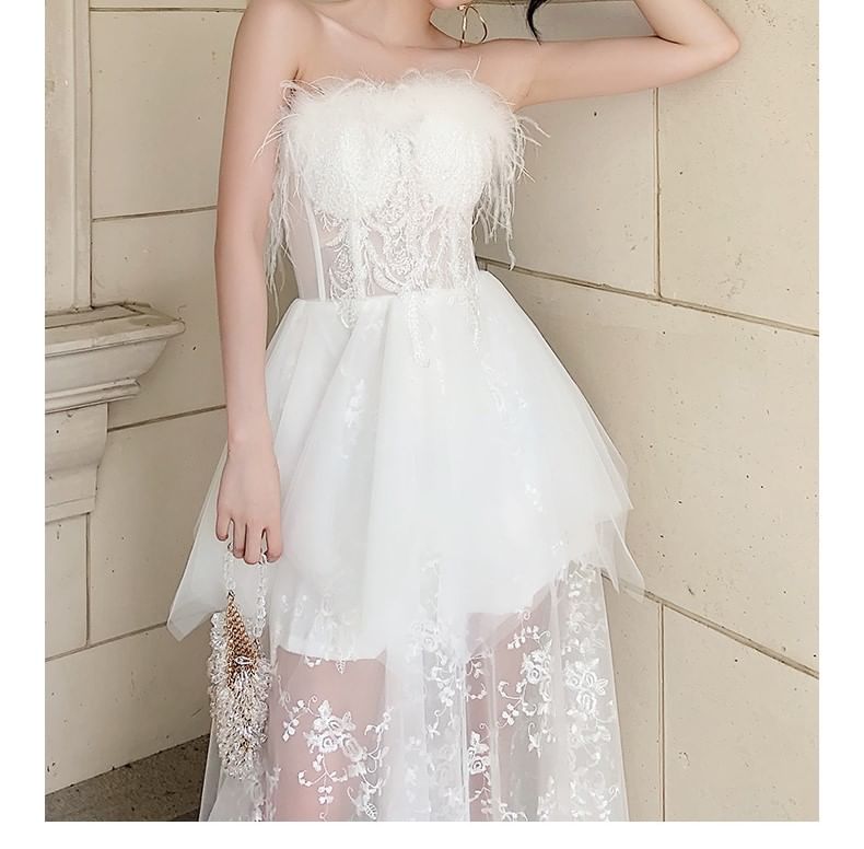 Strapless Fluffy Trim Mesh Maxi Corset A-Line Wedding Dress