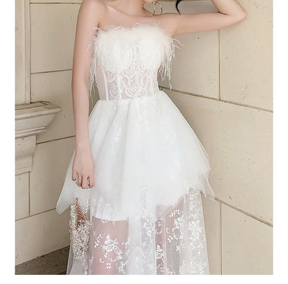 Strapless Fluffy Trim Mesh Maxi Corset A-Line Wedding Dress