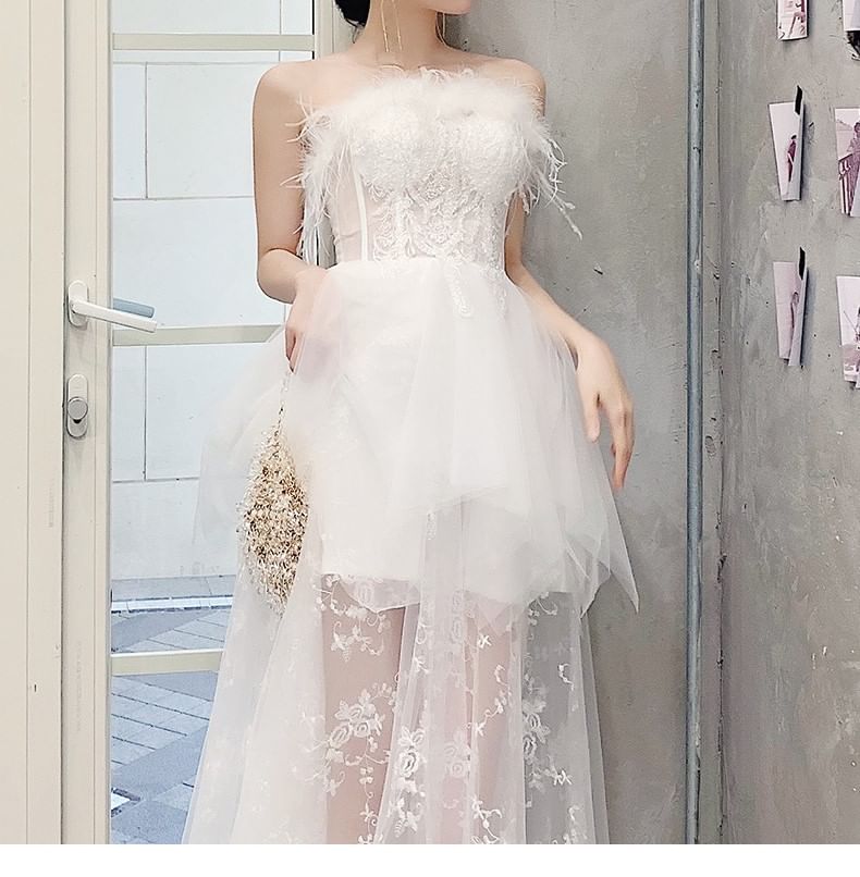 Strapless Fluffy Trim Mesh Maxi Corset A-Line Wedding Dress