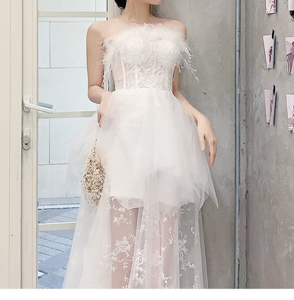 Strapless Fluffy Trim Mesh Maxi Corset A-Line Wedding Dress