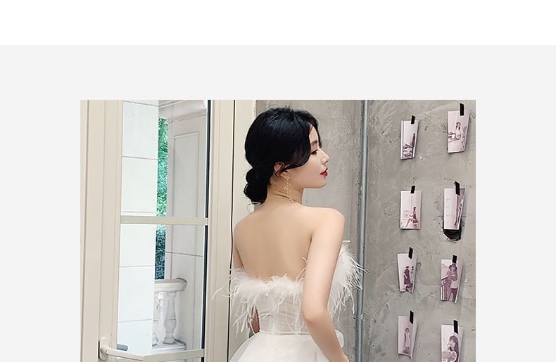 Strapless Fluffy Trim Mesh Maxi Corset A-Line Wedding Dress